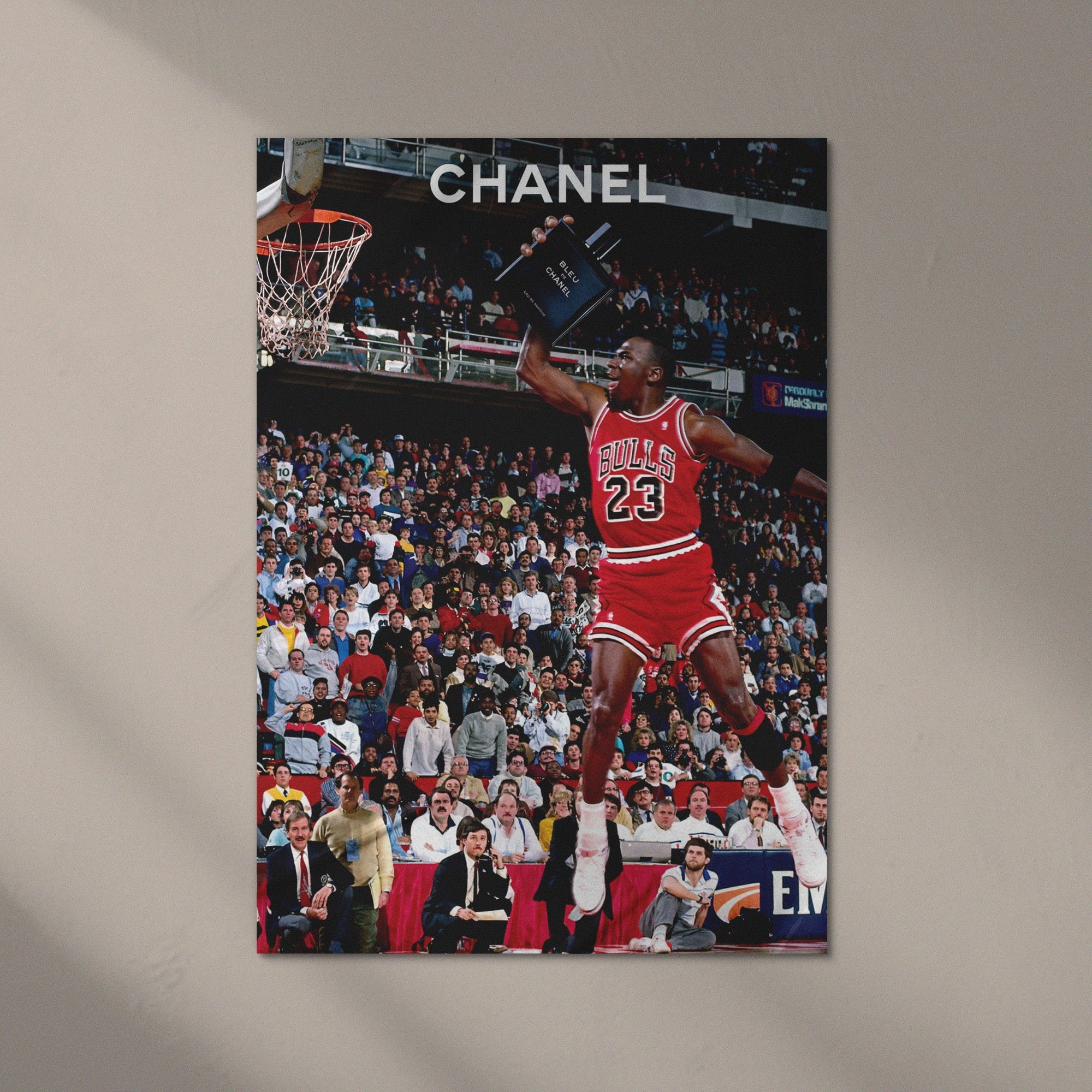Basketball player in red jersey with 'Chanel' branding on a magazine cover.