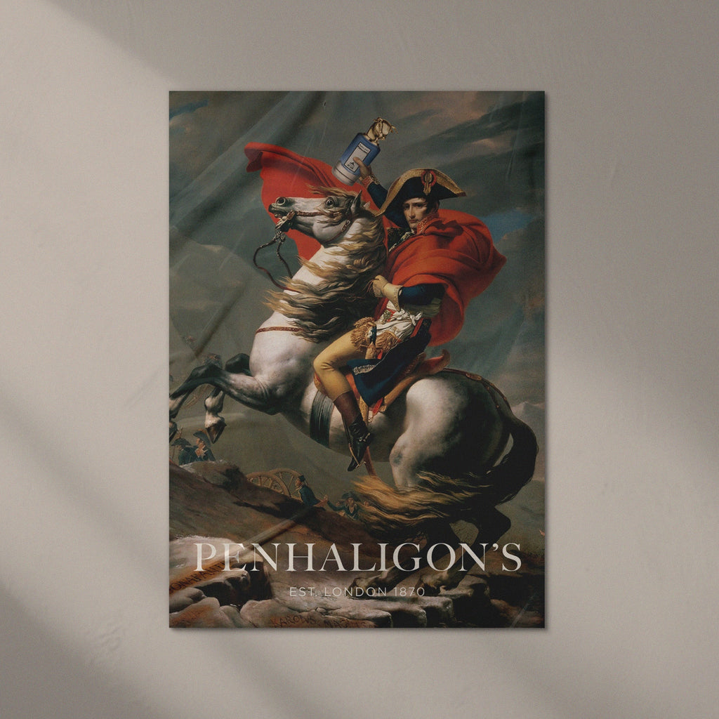 Penhaligon's advertisement with a classical painting of a man on horseback on a light gray background