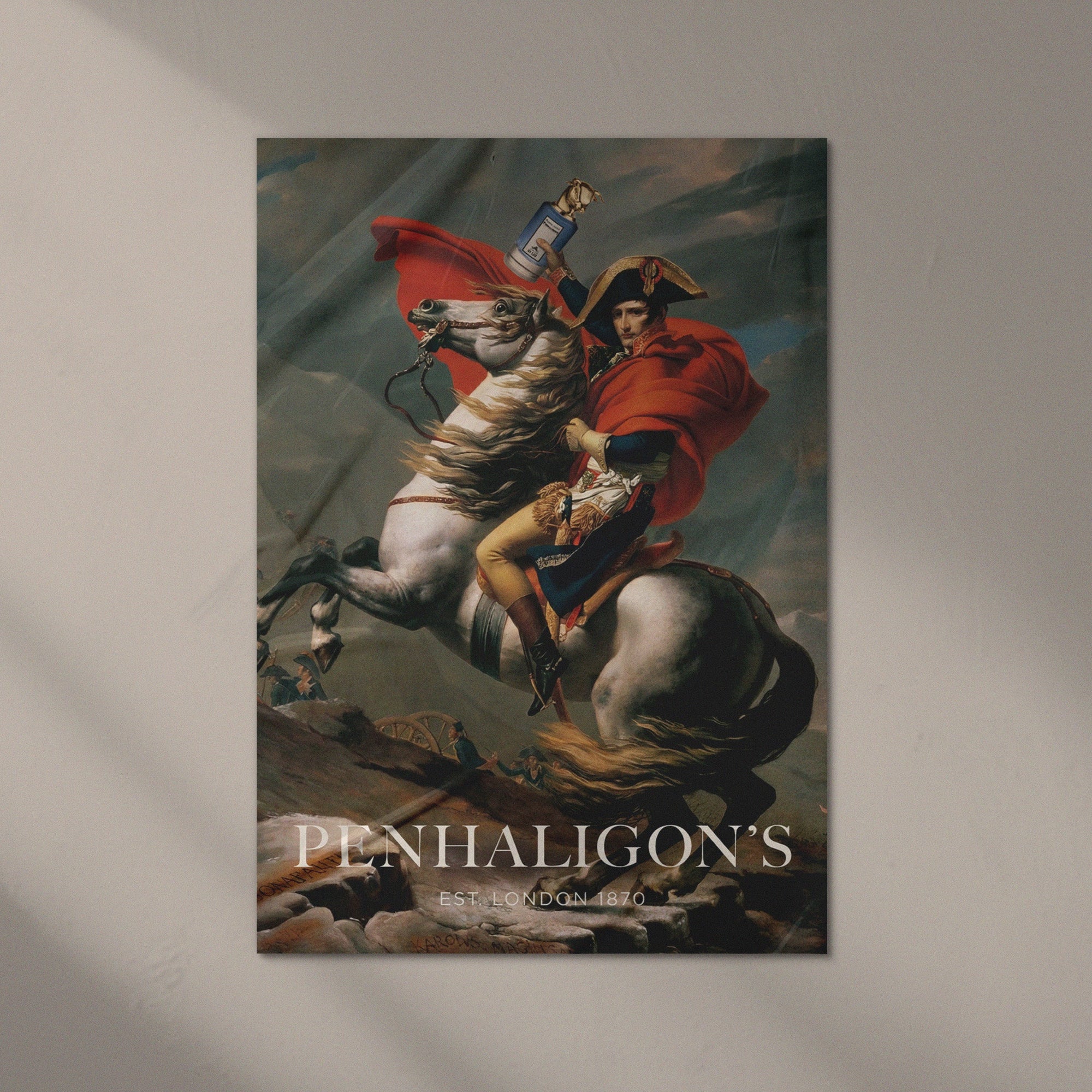 Penhaligon's advertisement with a classical painting of a man on horseback on a light gray background